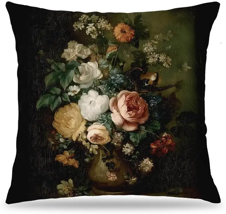 MoodyDark Antique Vintage Floral Pillow Cover 18x18 Double-Sided, Rustic Gothic 1pcsFlower Botanical Decorative Throw