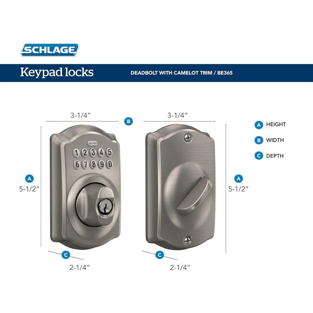 Schlage BE365 CAM 626 Camelot Keypad Deadbolt، قفل دخول إلكتروني بدون مفتاح، كروم ساتان