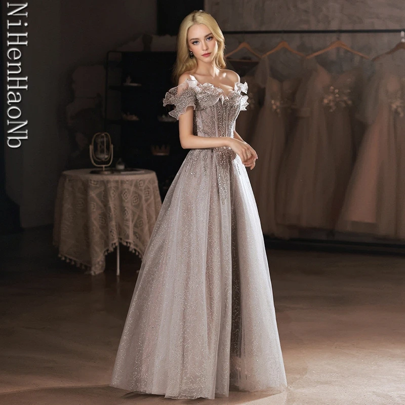 Elegant Gray Evening Dress Off Shoulder Shiny Sequin  A-line Lace Up Women Formal Party Prom Gowns