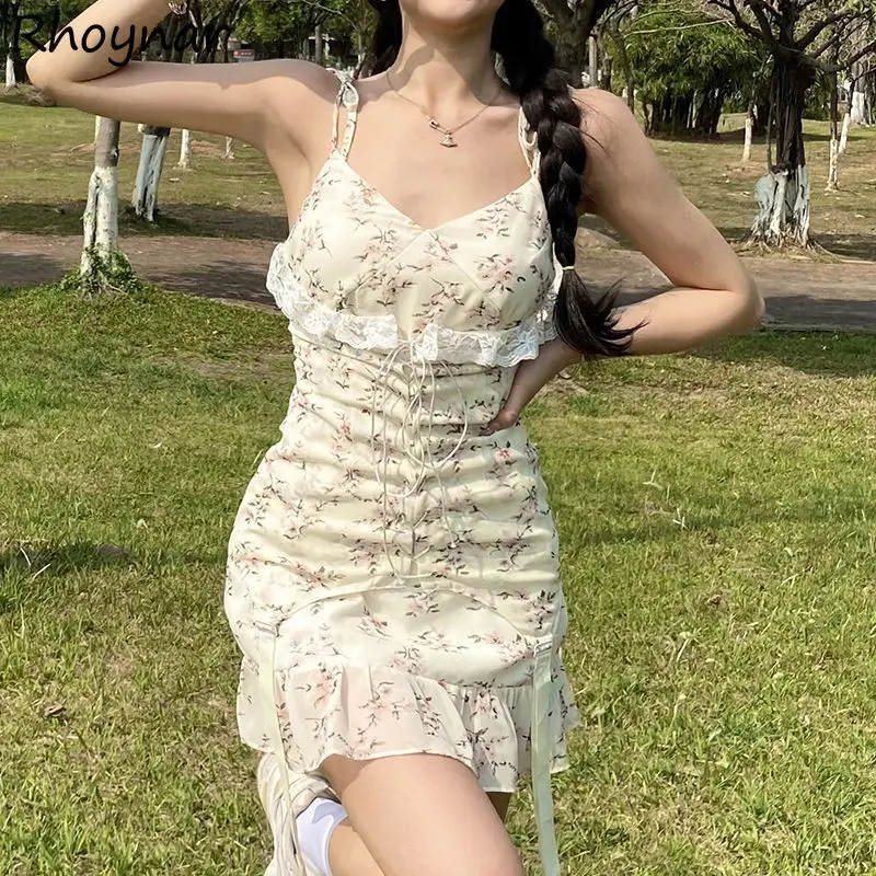 

Платья женские с оборками на шнуровке, облегающие, с цветочным принтом, в пасторальном стиле, уличная одежда, универсальные, милые, милые, для девочек, уникальный летний дизайн