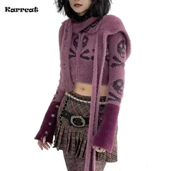 Karrcat-Cardigan court esthétique grunge, pull à capuche avec broderie tête de mort gothique, tricots vintage, style punk, Emo, Y2K