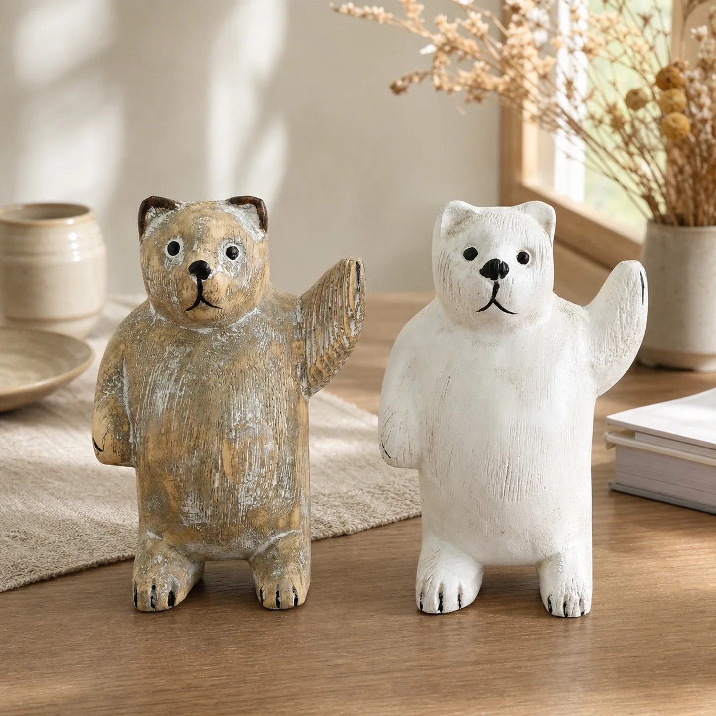 Vintage Hand Carved Wooden Bear Figurine, Wabi-Sabi Nordic Style Rustic Statue for Home Desk Aesthetic Decor Ornament