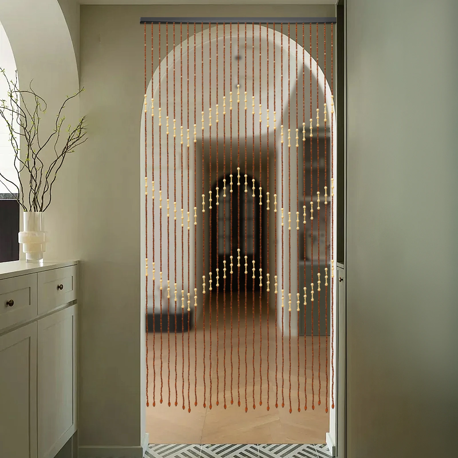 

Wooden Bead Curtain 35.4*68.9IN Size 27 Lines Retro Design No-Punch Installation for Living Room Bedroom Door Window Decoration