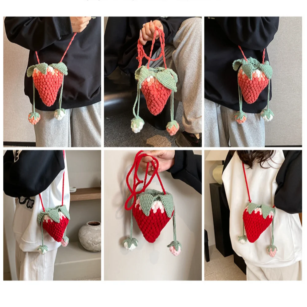 Adorable Strawberry Tote Crossbody Bag Casual Versatile Cartoon Shoulder Bag Kawaii Handmade Sling Purses