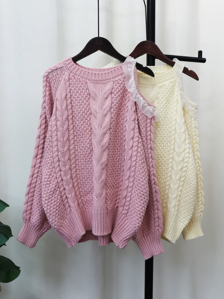 Oversized Twist Sweater Autumn Winter New Elegant Sweet Ruffled Pearl Stitching Loose Knitwear Top Sexy Shoulder Pullover Women