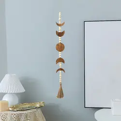 Wood Star Moon Phase Wall Hanging Garland Boho Beaded Moon Garland with Tassel Home Wall Decor