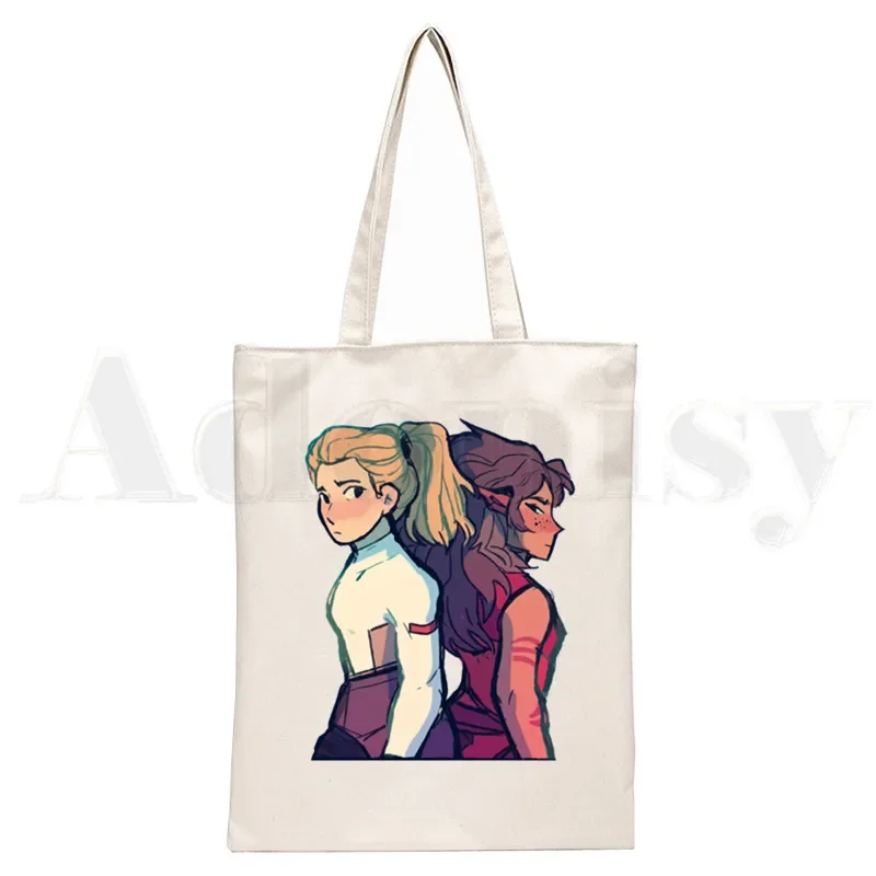 Adora Catra Love She Ra And Catra-Bolsos de lona con dibujos animados para mujer, bolsos de hombro, bolso de compras informal, elegante