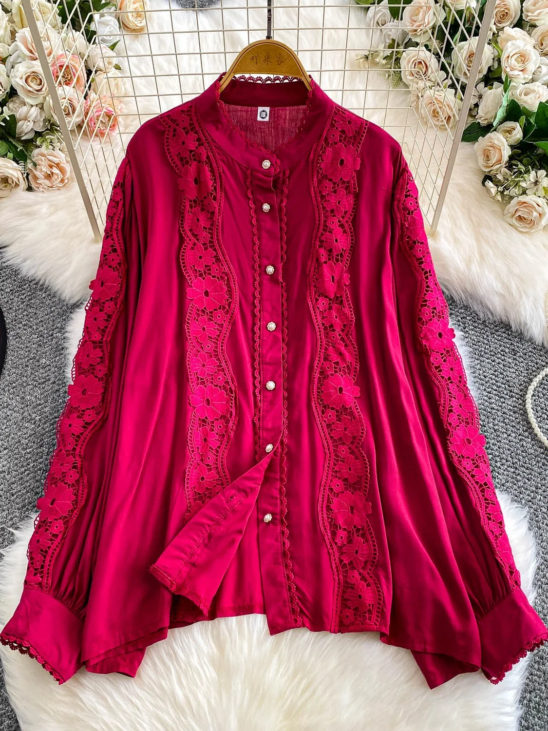 Retro Spitze Patchwork Stehkragen Laterne Sve irt Damen Herbst Anti-Aging Sanftes Blaues Top Court Sle Loose Fit Lang S...