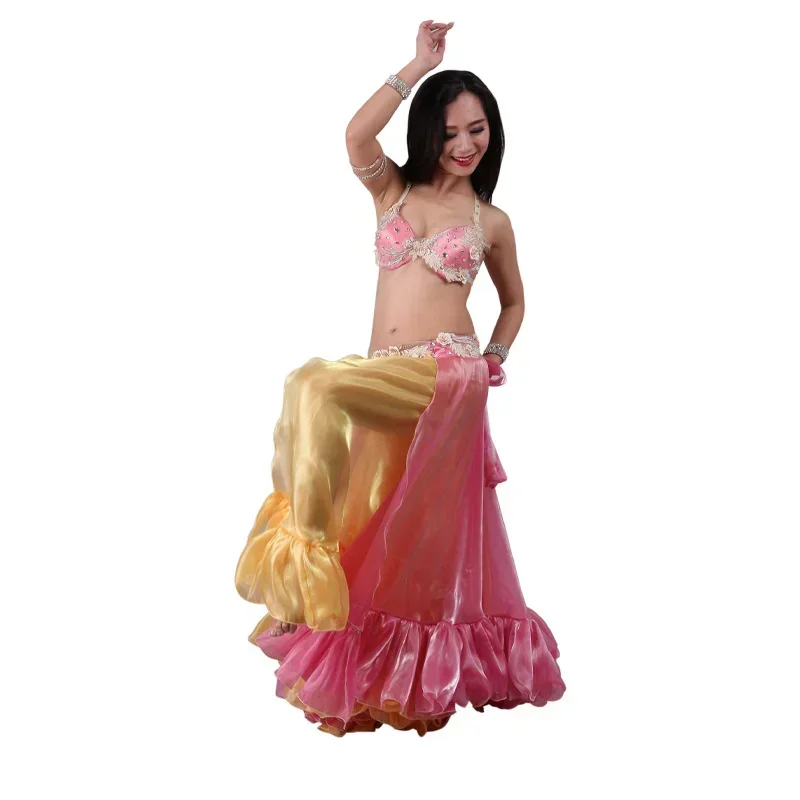 Luxe Volwassen Buikdansen Kleding Diamant Nieuwe Indian Dance Driedelige Set Rokken Moderne Dancing Performance Jurk Bh Rok Riem