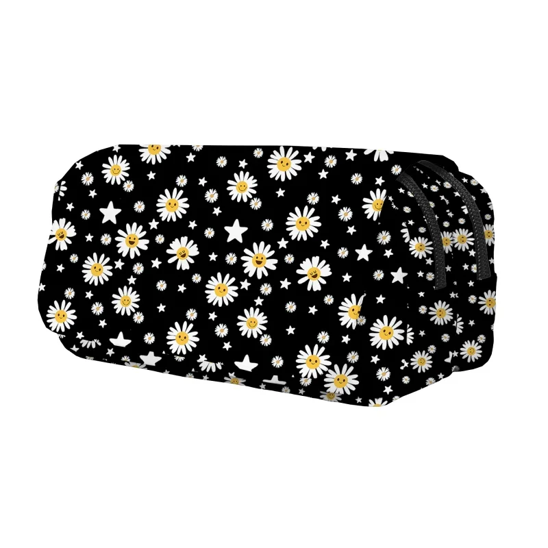Daisy Print Pencil Bags Large Capacity Stationery Bag Double Student Case Layers Pencil Pen Box for Office School Supplies