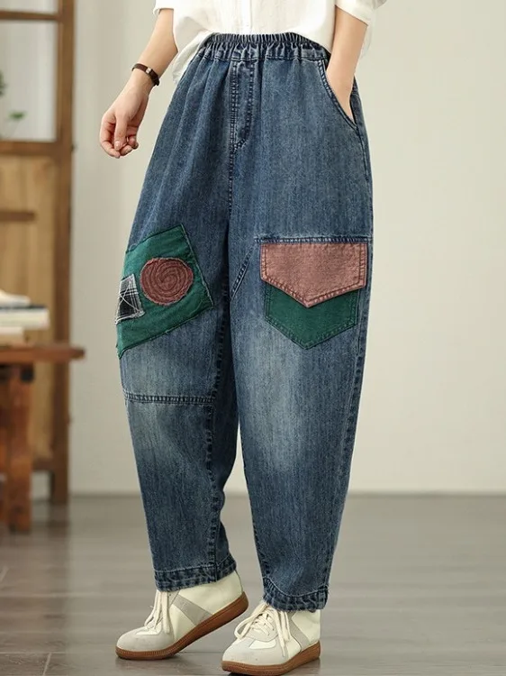 Waed out المطرزة اللون Blo Distred الدينيم الجينز حجم كبير المرأة عادية أبي هارلان السراويل فضفاضة تنوعا عالية الخصر #1