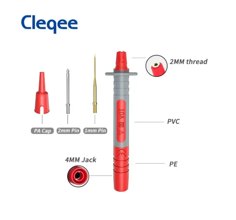 Cleqee P8003 Multimeter Test Sonde Pen Met Vervangbare Vergulde Scherpe 1Mm Naalden + Dikke 2Mm Naald Multifunctionele Testpen