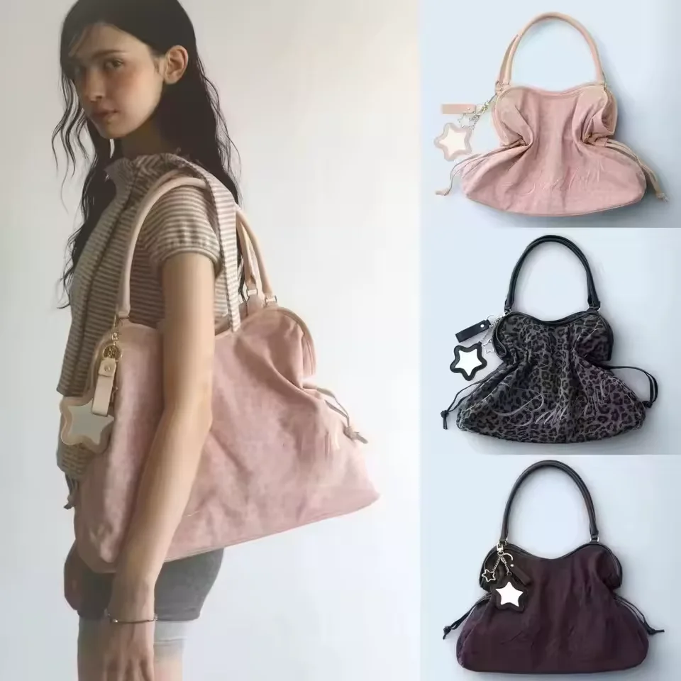 Women Leopard Print Underarm Shoulder Bag Korean BadBlue Embroidered Tote Bag with Star Mirror Pendant Y2K Trendy Female Handbag