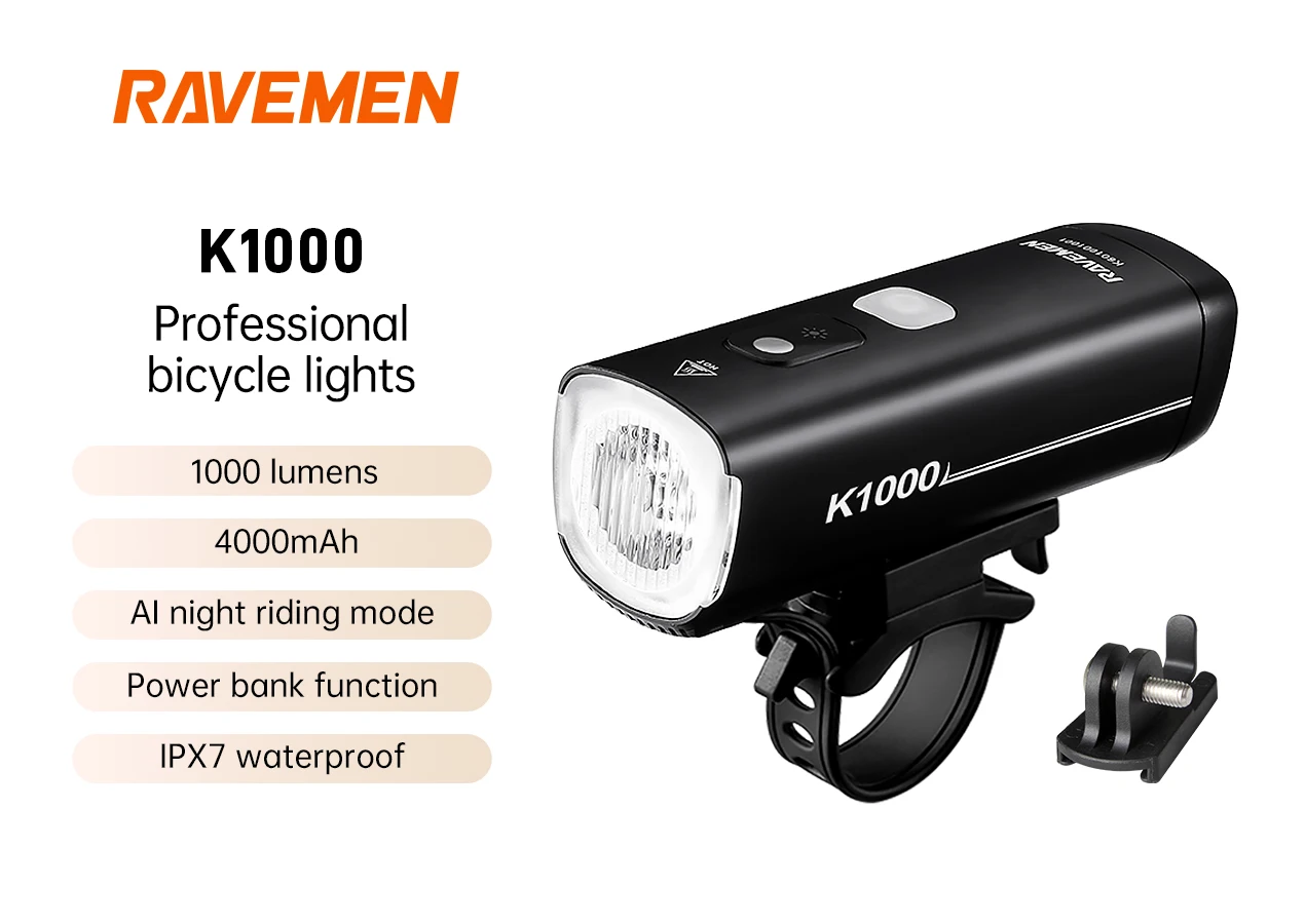 

Ravemen LED Bike Front Light Bicycle Headlight Mount Rechargeable 4000mAh K1000 With Upside-down Mount Auto On-off Waterproof AI