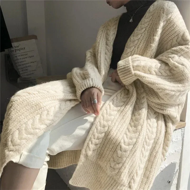 

Autumn Winter Thickened Loose Knitted Open Cardigan Women's Outerwear V-neck Long Sweater Coat Retro Fashion Simple Style
