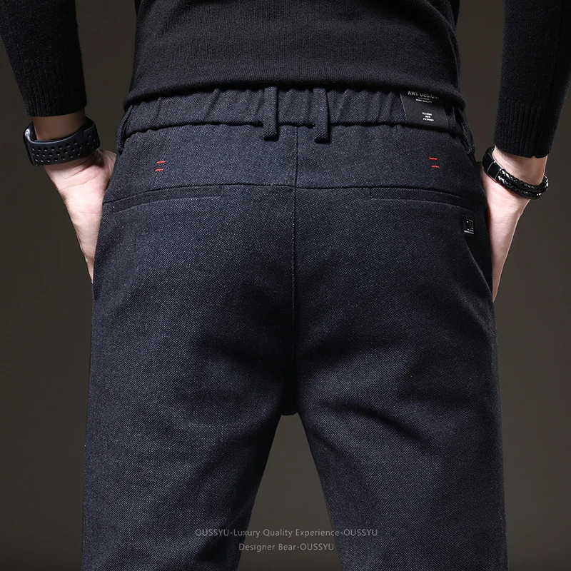 High Quality Autumn Casual Pants Men Business Slim Elastic Waist Stretch Work Brushed Fabric Blue Black Joggers Trousers Male