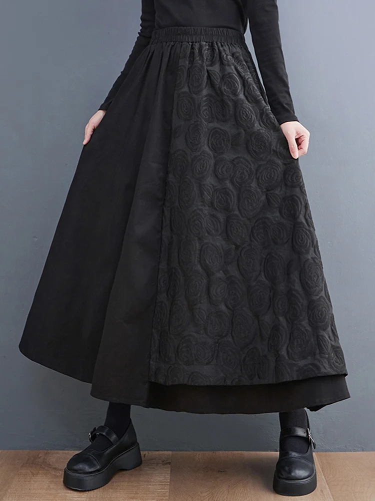 Black Vintage Patchwork High Waist Skirt Women Plus Size Fashion Loose Casual Midi Skirts Elegant Clothing Spring Autumn 2025