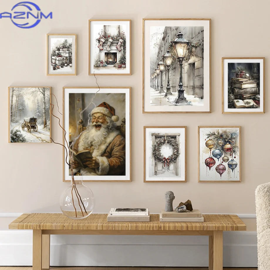 Santa Claus Snowman Elk Christmas Socks Sleigh Snow Scenery Fashion Wall Art Canvas Painting Nordic Poster Room Decor
