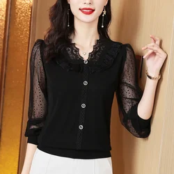 #2546 Black Office Blouse Women Sexy Office Vintage Tops And Blouses Long Sleeve Buttons Ruffles V-neck Short Blouse Slim Spring