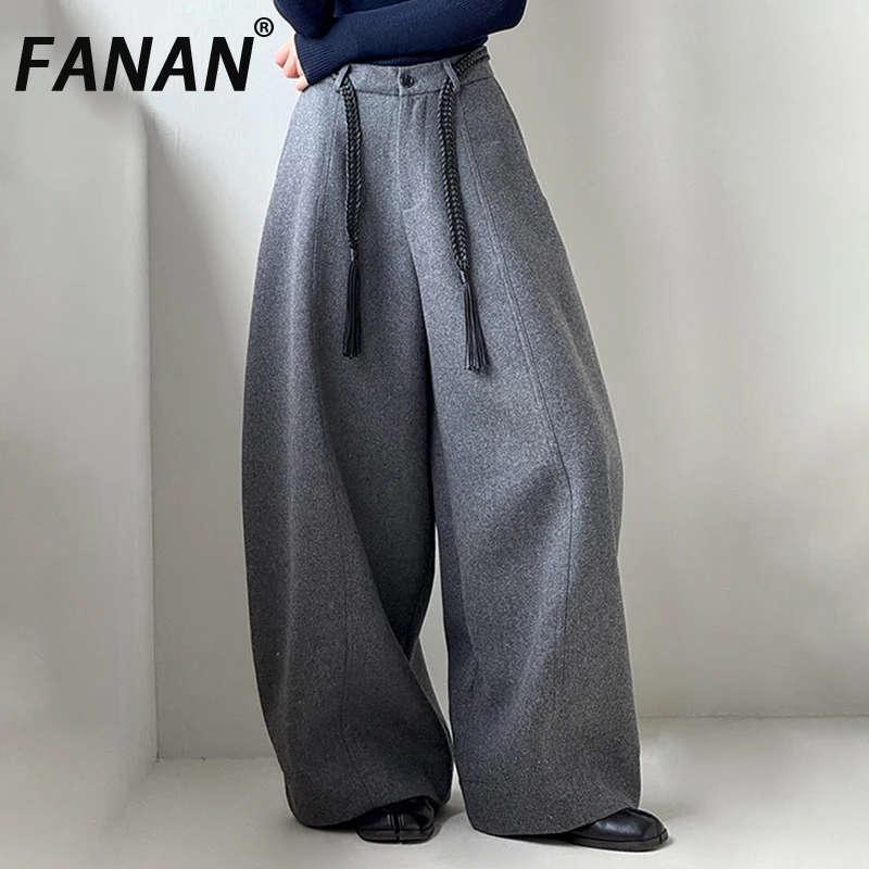 

FANAN, новые зимние толстые теплые шерстяные брюки для женщин, широкие брюки с высокой талией на шнуровке и присборенной талией, модная женская одежда