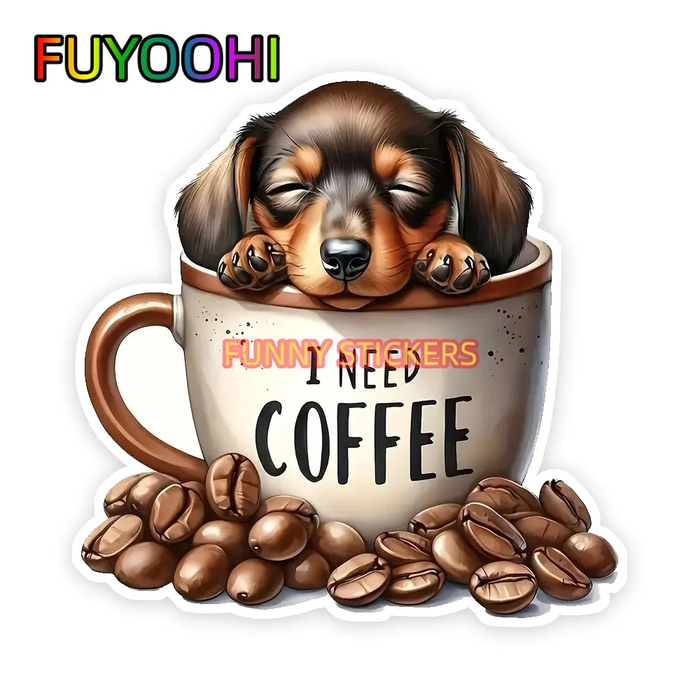 FUYOOHI Coffee Cup Dog with Coffee Beans Decal Sticker Self Adhesive for Car Window Bumper Wall Laptop Decoration