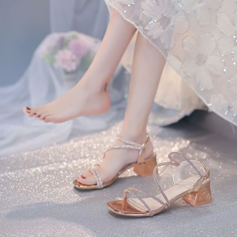 Summer 2024 Square Heels Ladies Shoes Rhinestones Footwear Open Toe Sandals for Women Diamond Party Weddings Trend Korea Shoe H