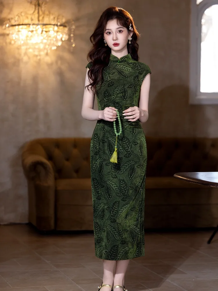 

Новое китайское платье-ципао с принтом в зеленых тонах, улучшенный фасон, без рукавов, для создания молодежного образа