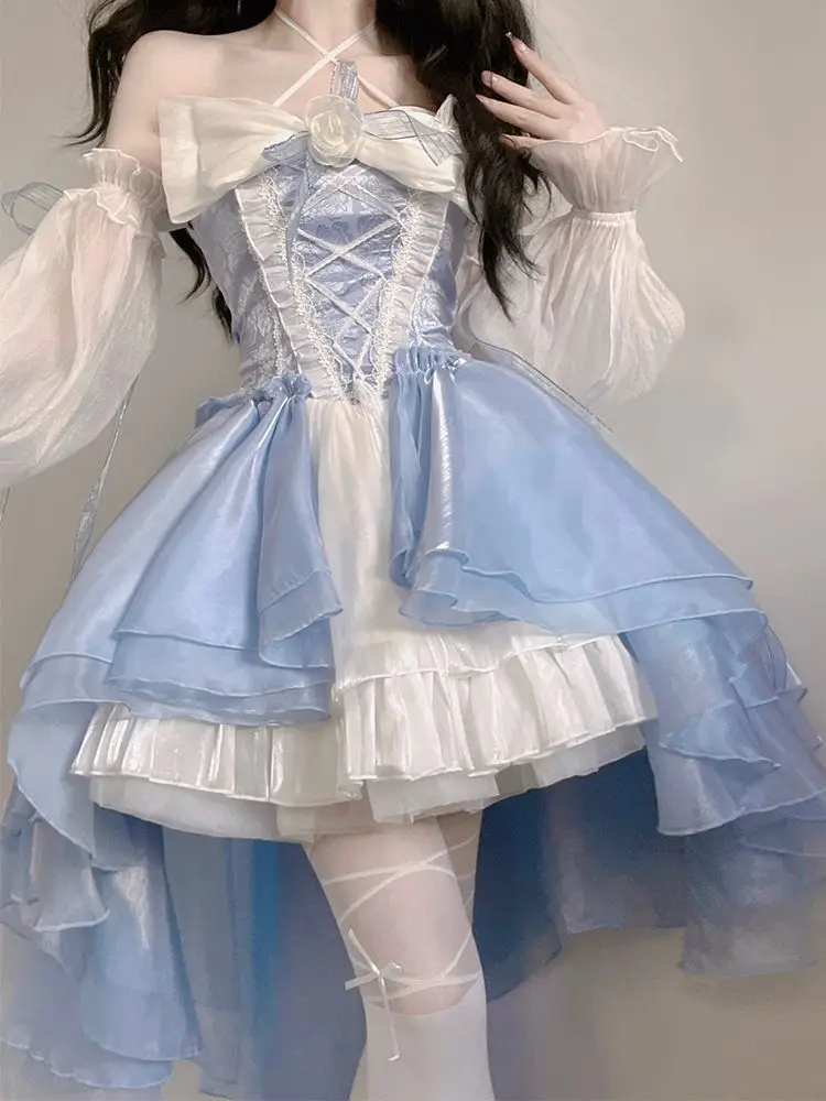 Japanese Style Lolita Princess Dresses Elegant Girls Puff Sleeve Ribbon Bowknot Flower Tunic Mesh Fantastic Cosplay Fairy Dress