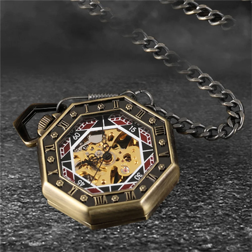 팔각형 구호 새겨진 로마 숫자 오픈 페이스 청동 남성용 기계식 주머니 시계 Fob 체인 펜던트 주머니 시계 선물 남자