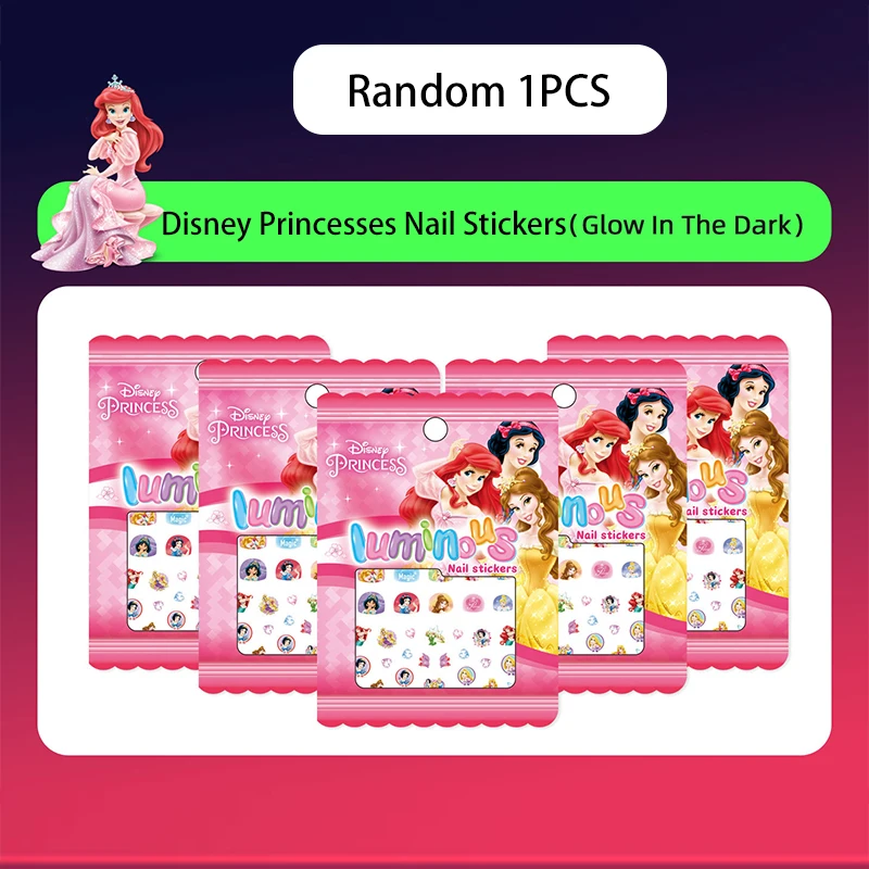 1PCS Disney Princess Luminous Nail Stickers Frozen Princess Sofia Bell Snow White Minnie Micky Mouse Ear Stickers Gift For Girls