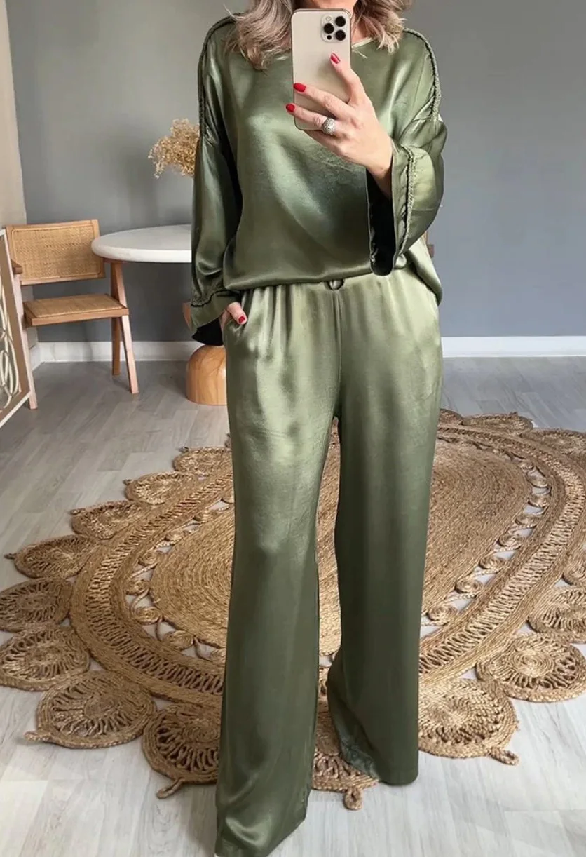 Women\'s Fashion Solid Satin Two Piece Sets New Spring Autumn Long Sleeve BlouseTop And Long Pants Suits Elegant Loose Outfits