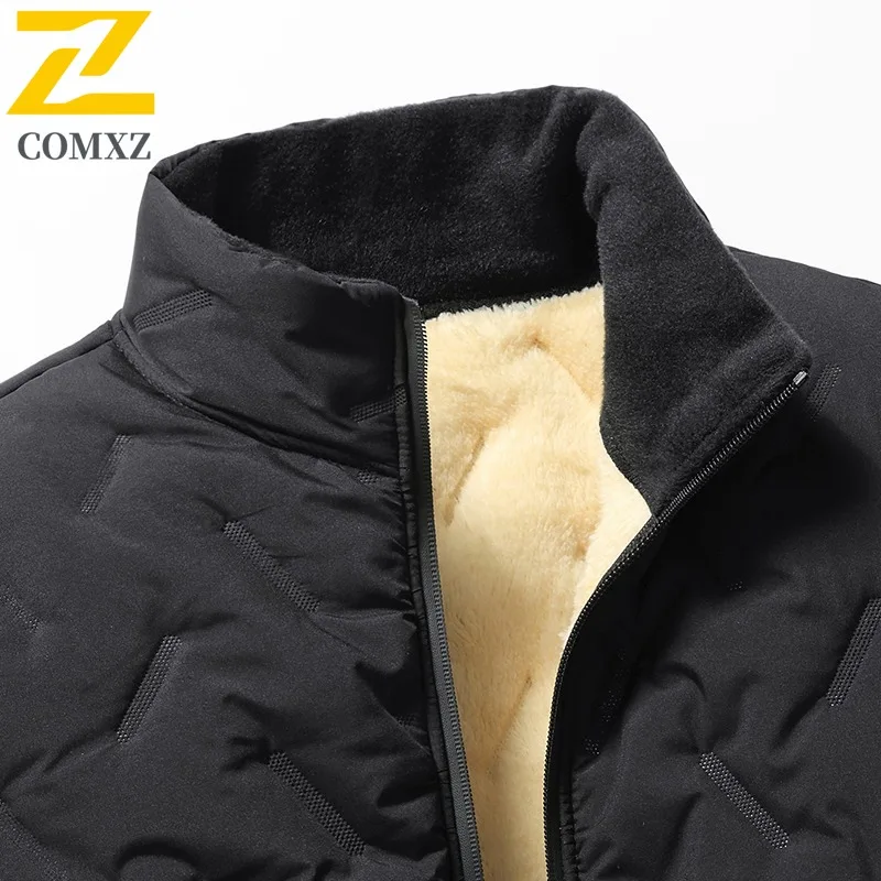 COMXZ 2025 Autumn Winter Sherpa Stand Collar Cotton Jacket Mens High Quality Thick Warm Fashion Coat Casual waterproof Outwear
