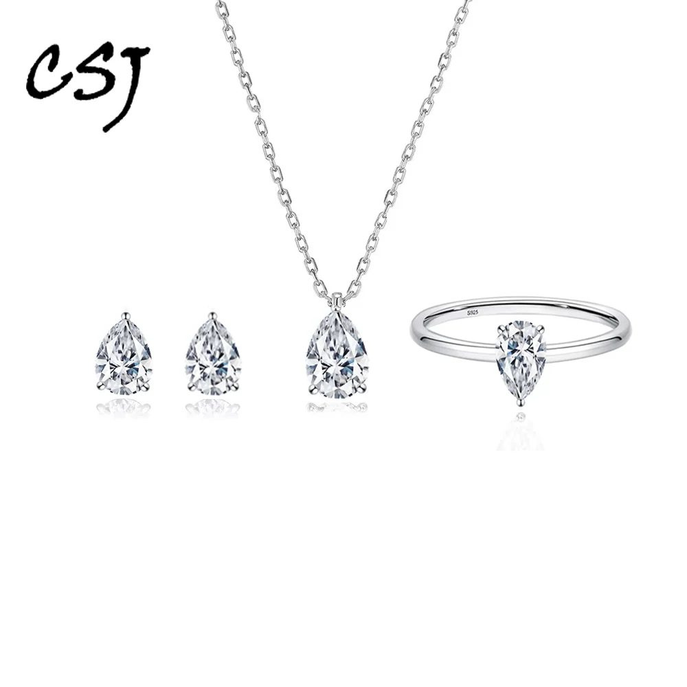 

100% Moissanite Jewelry Sets S925 Sterling Silver Gemstone Pear 5*7mm for Women Necklace Ring Earrings Wedding Party Gift