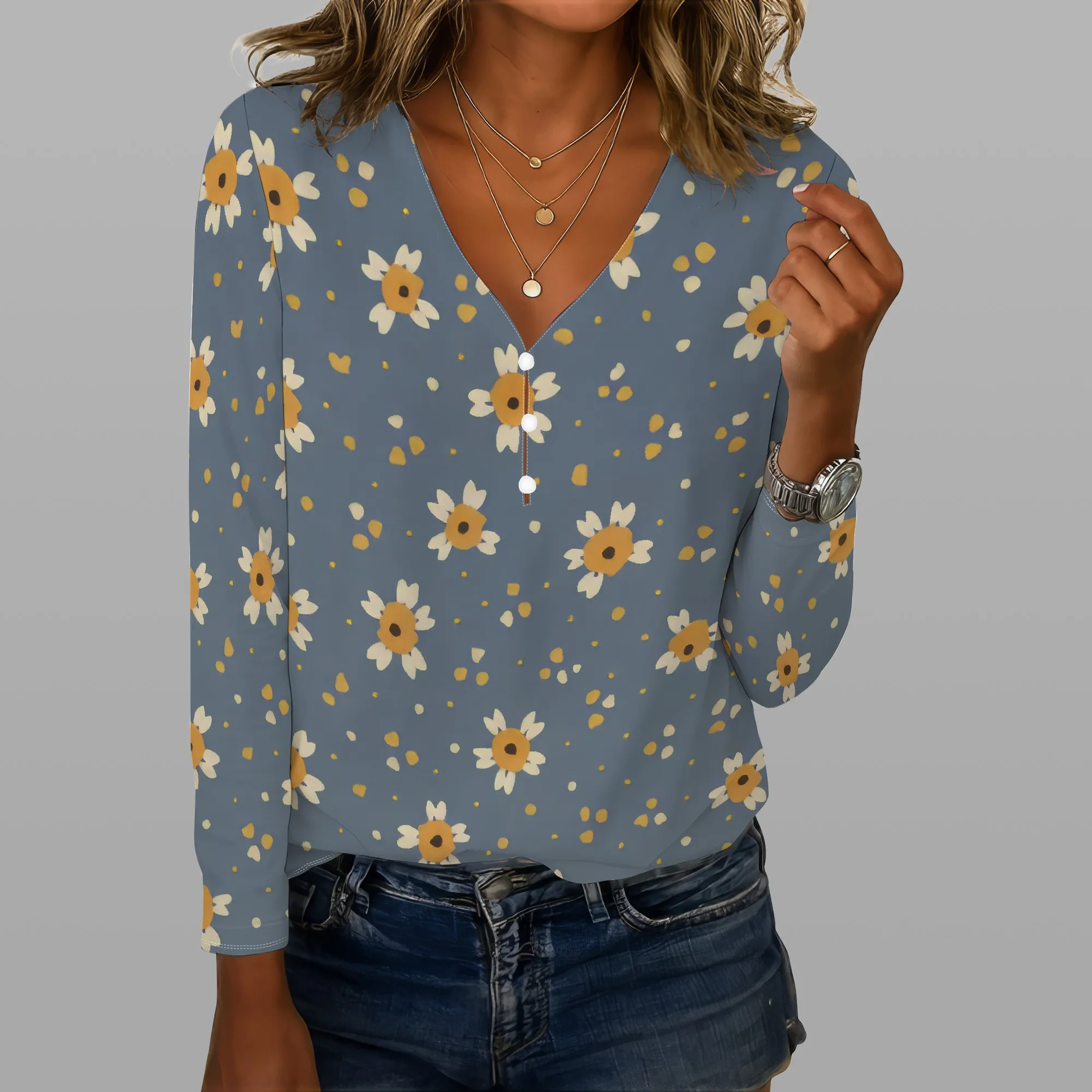 Camicette da donna con stampa floreale Boho per donna Camicetta carina con bottoni casual eleganti Camicie a maniche lunghe con scollo a V Top a tunica