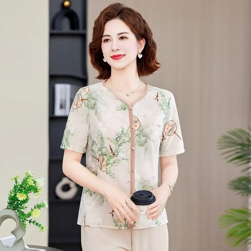 

Новая летняя футболка с коротким рукавом в китайском стиле, стильная модная рубашка из ледяного шелка среднего возраста, искусственная открытая рубашка