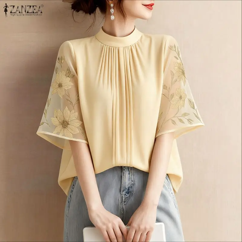 2025 Stylish Printed Blouse ZANZEA Elegant Women OL Work Blouses Summer Stand Neck Short Sleeve Tunic Tops Blusas Mujer Femme