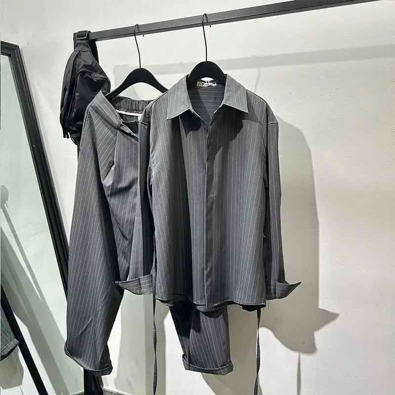 Fashionable Loose and Simple Style Vertical Stripes Casual Suit Popular Retro Workwear Shirt Two-Piece Fashion