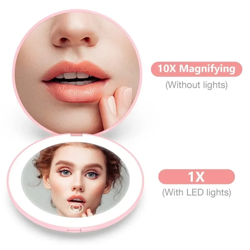 Mini Miroir de Maquillage de Poche Pliable, Portable, avec Lumière LED, Rond, Compact, Grossissant 10X, Rose, Noir, Vanité