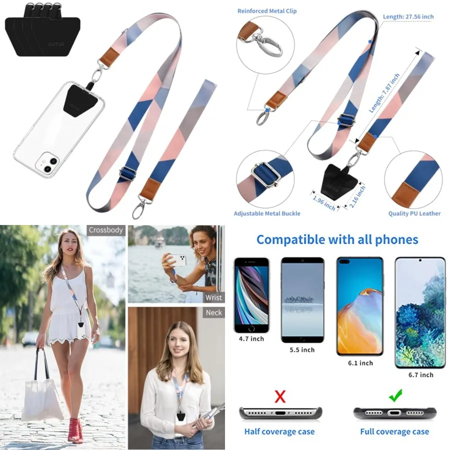 

Phone Lanyard - 4× Pads, 1× Adjustable Neck Strap, 1× Wrist Strap, Nylon Phone Lanyard Compatible with All Smartphone