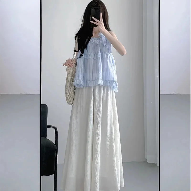 

Wide Leg Pants Women Spring Summer Solid Loose Simple Comfortable High Elastic Waist Korean Style Pleated Slim A-line Pantalones