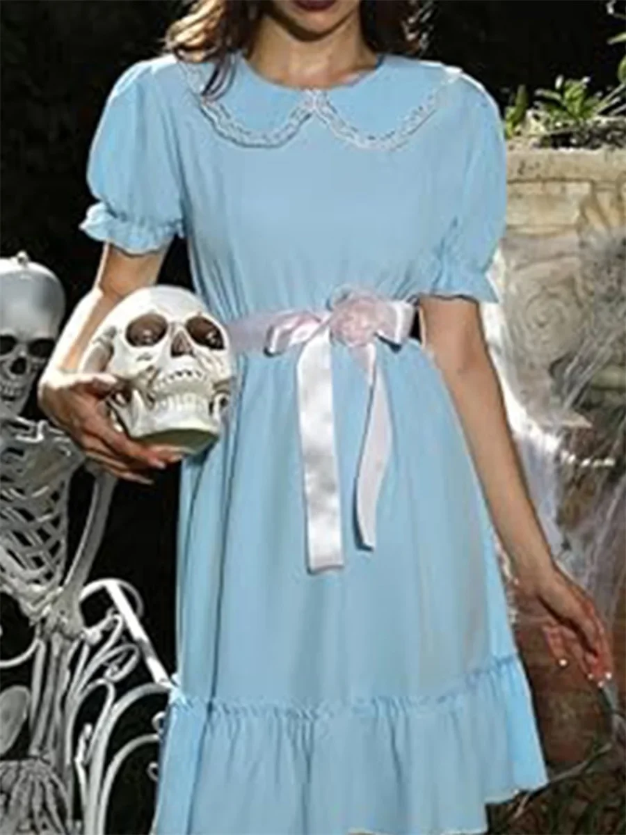 Mulheres Colarinho Boneca Manga Ruffle Vestido Linha A com Cinto Arco, Vestido Ruffle em Camadas, Daily Party Club