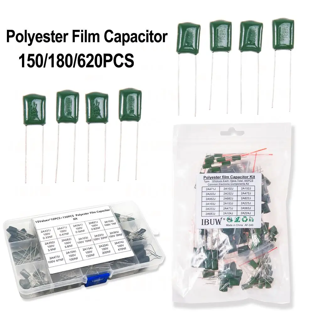 150/180/660PCS Polyester Film Kondensator Kit 100V 1nF 1,5nF 2,2nF 100nF 2A102J 2A471J 2A222J 2A392J 2A332J 2A472J 2A103J 2A473J