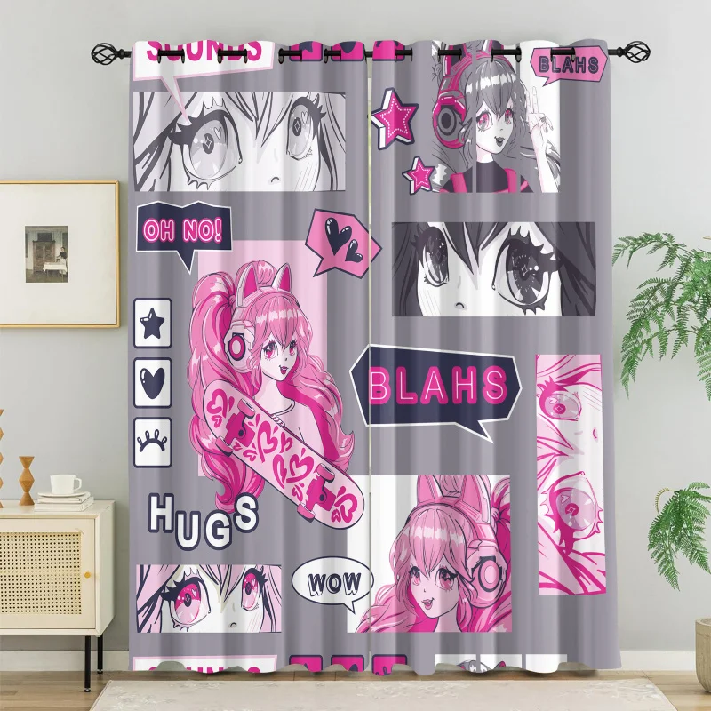 

2 шт. перфорированных светонепроницаемых штор с принтом Y2K Kawaii Anime Girl, разные размеры, для гостиной и спальни, теплоизоляционные, декоративные