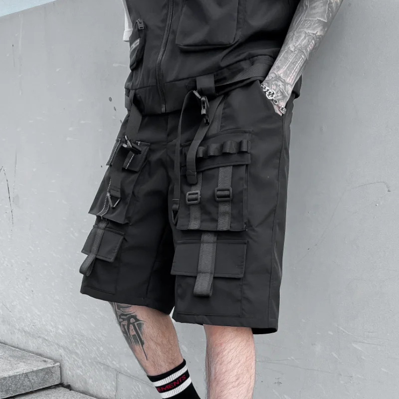 High Street Shorts Men Ribbon Jogger Sweatpants Short Pants Male Fashion Casual Shorts Male Balck New Streetwear