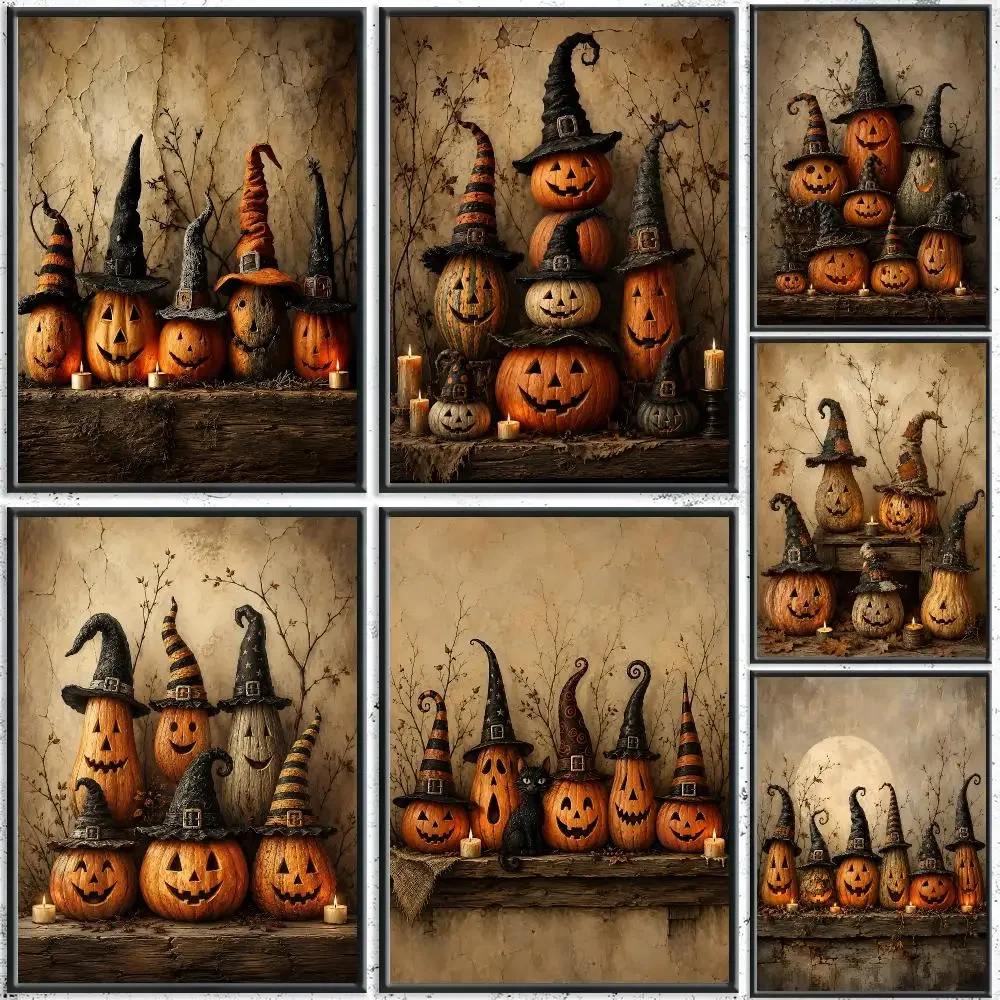 Vintage Witch Hat Pumpkin Halloween Painting Calligraphy HD Canvas Poster Crease Free Waterproof All Space Wall Decor