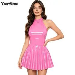 Glossy Patent Leather Glossy Mini A-Line Latex Dress for Womens Swing Skirt Skater Bodycon Mini Dress Rave Disco Party Clubwear