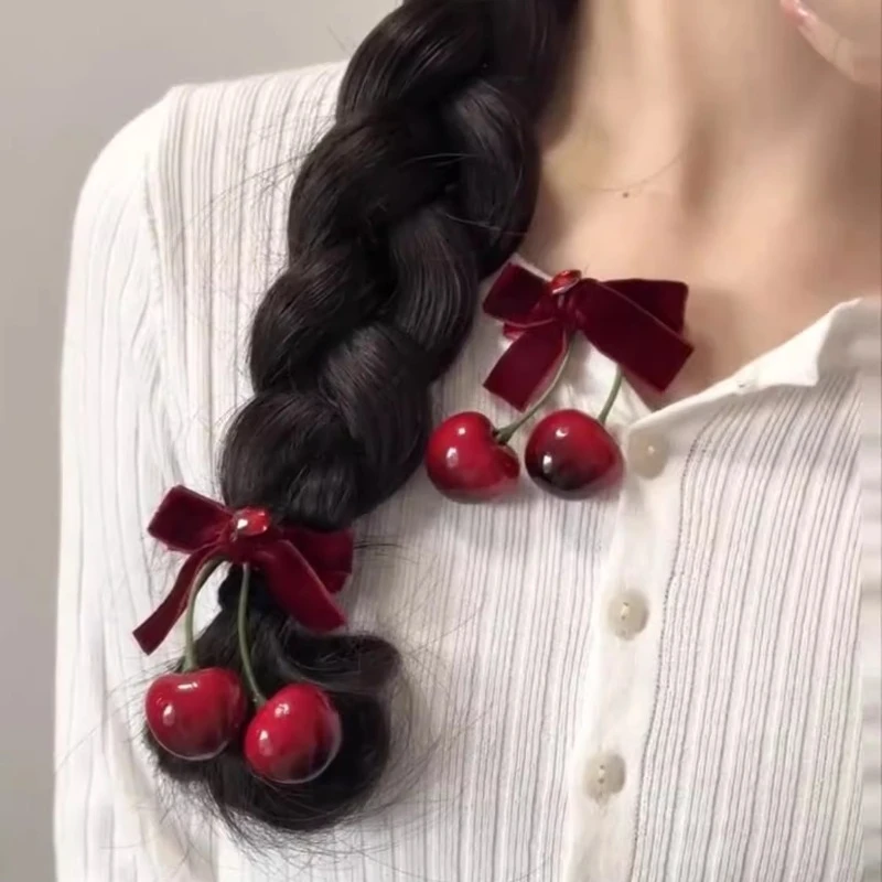 

Red Velvet Cherry Hairpins Resin Fruit Girls Bow Hairbows Ornament Versatile Sweet Pastoral Hair Clip Hair Accessories