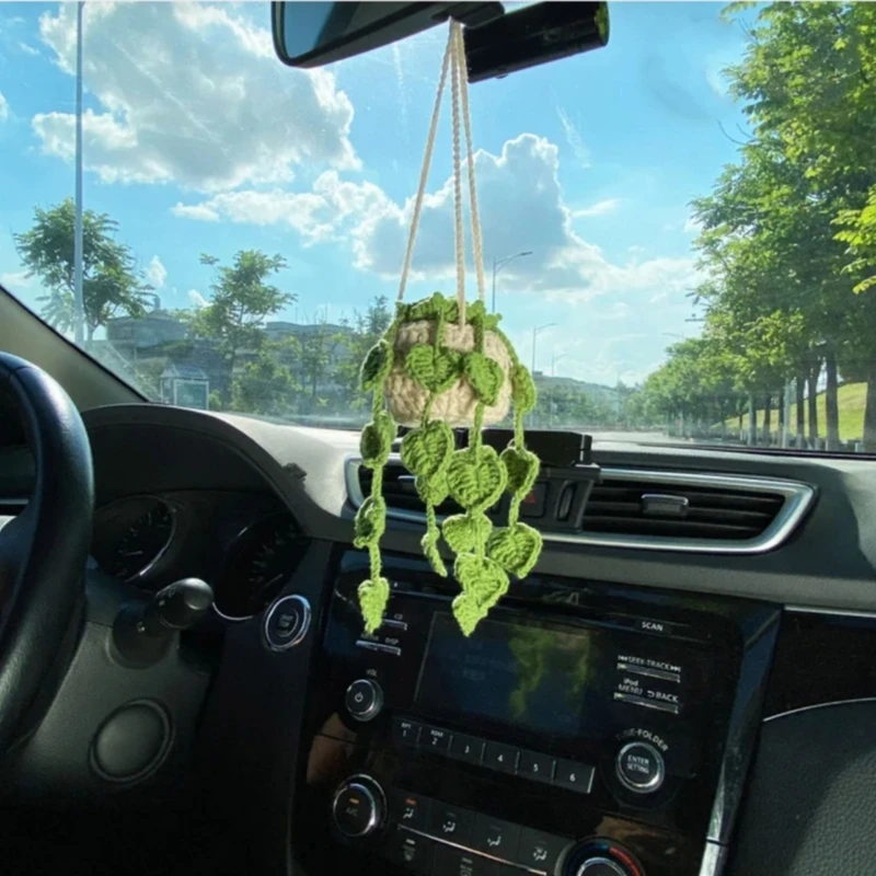 2024 New Potted Plants Crocheted Rearview Mirror Hand Knitted Hanging Ornament For Women