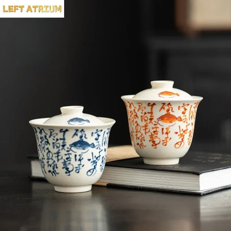 Soda Glaze Gaiwan Ceramic Process Carving Tea Tureen Pigmented Kung Fu Drinkware Tea Bowl