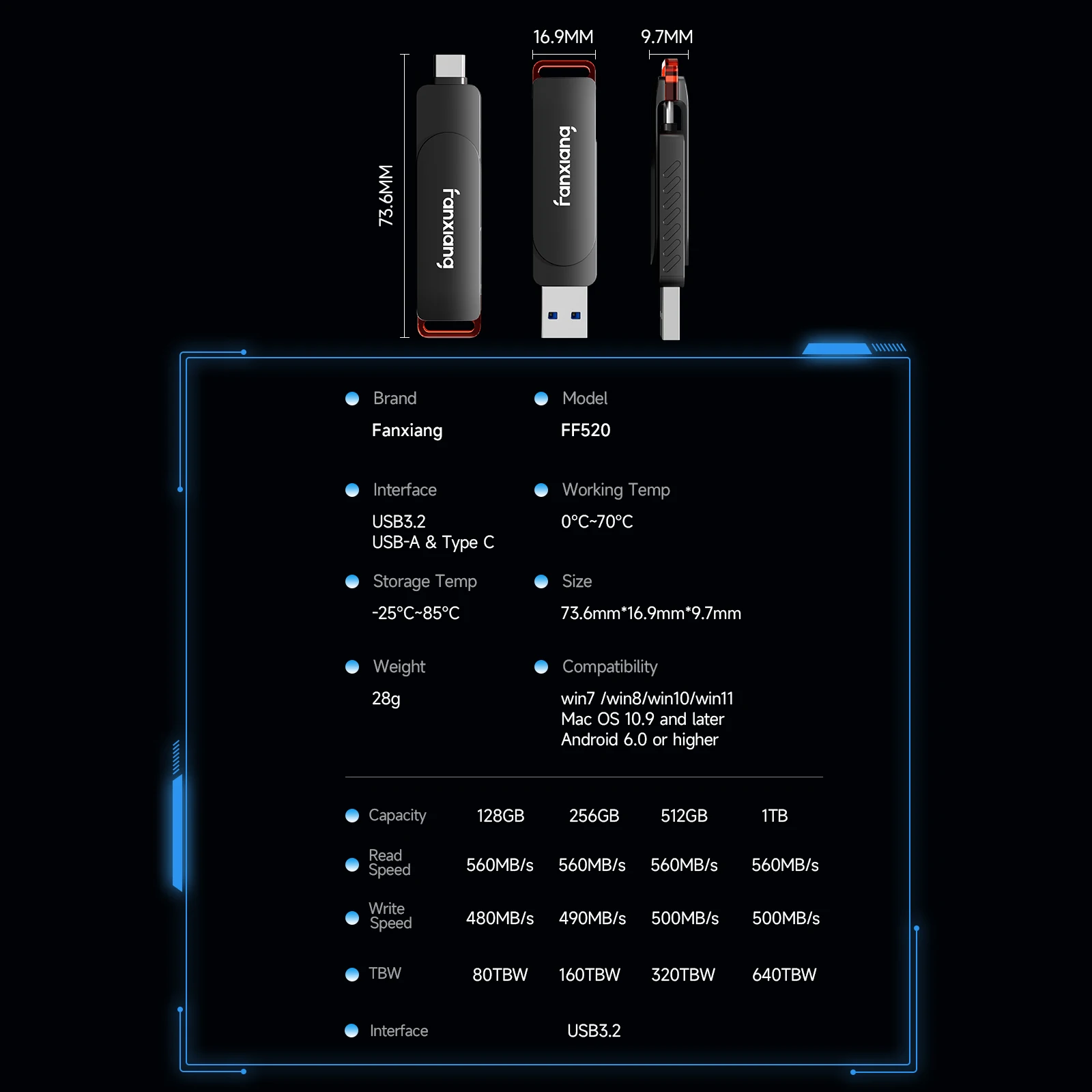 Fanxiang FF520 560 MB/s Chiavetta USB Tipo-C + USB-A TLC 256 GB 512 GB Chiavetta USB con penna a stato solido ad alta velocità per PC portatile